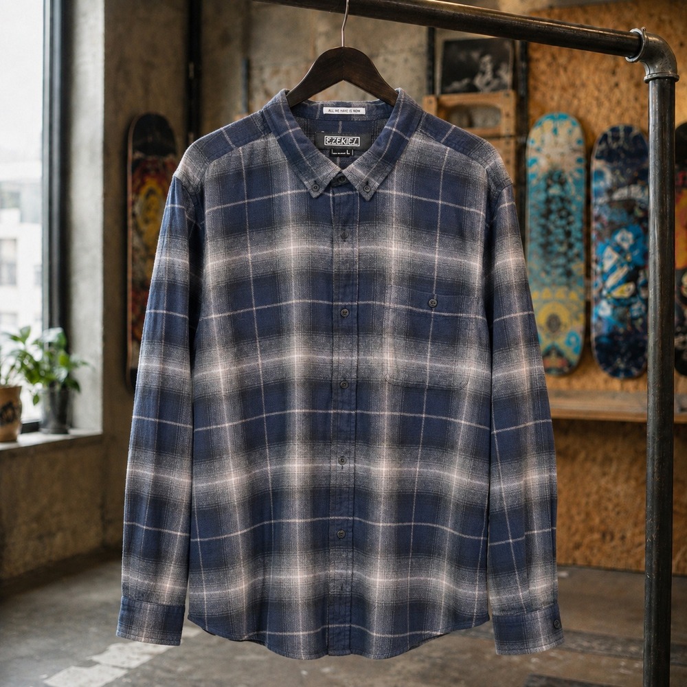 Ezekiel Blue Plaid Flannel Button Down Shirt Mens Large Skate Grunge Streetwear